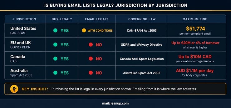Buying Email Lists Legal Jurisdiction Comparison